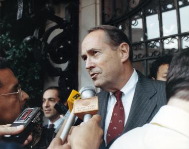 Thornburgh speaking to press following meeting with president gaviria of columbia, 1990 