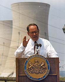 governor thornburgh presenting clean-up plan by three mile island towers, 1982 