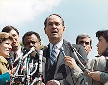attorney general thornburgh with press after arguing case before supreme court, 1988